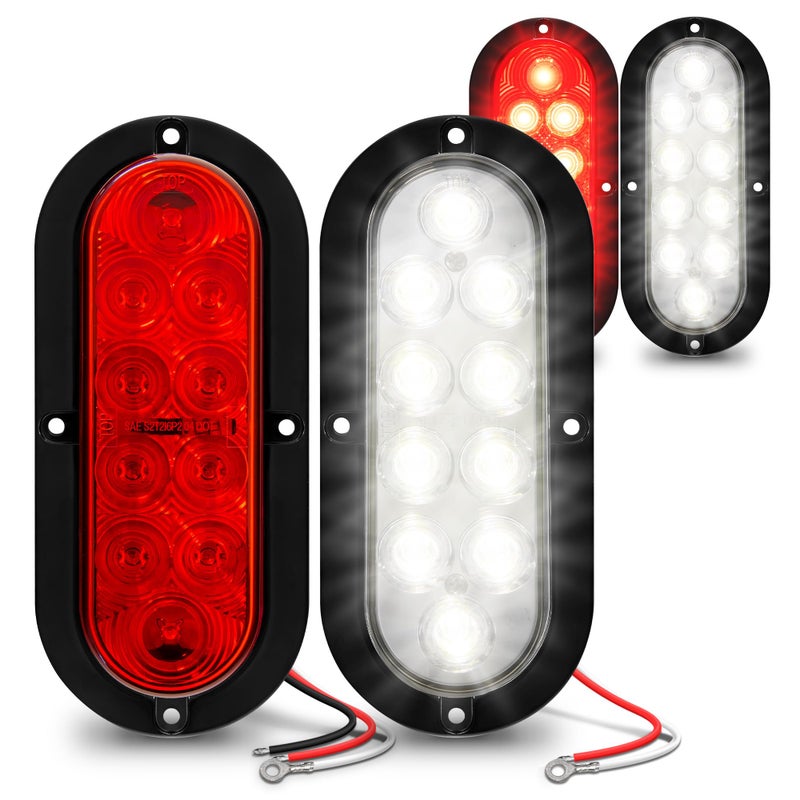 ONLINE LED STORE TRUE MODS 2 Red + 2 White 6 inch Oval LED Trailer Tail Light Kit [Surface-Mount] [DOT FMVSS 108 & SAE] [IP67 Waterproof] Stop Brake Turn Reverse Back Up Trailer Lights for RV Flat Bed Truck - Image 1